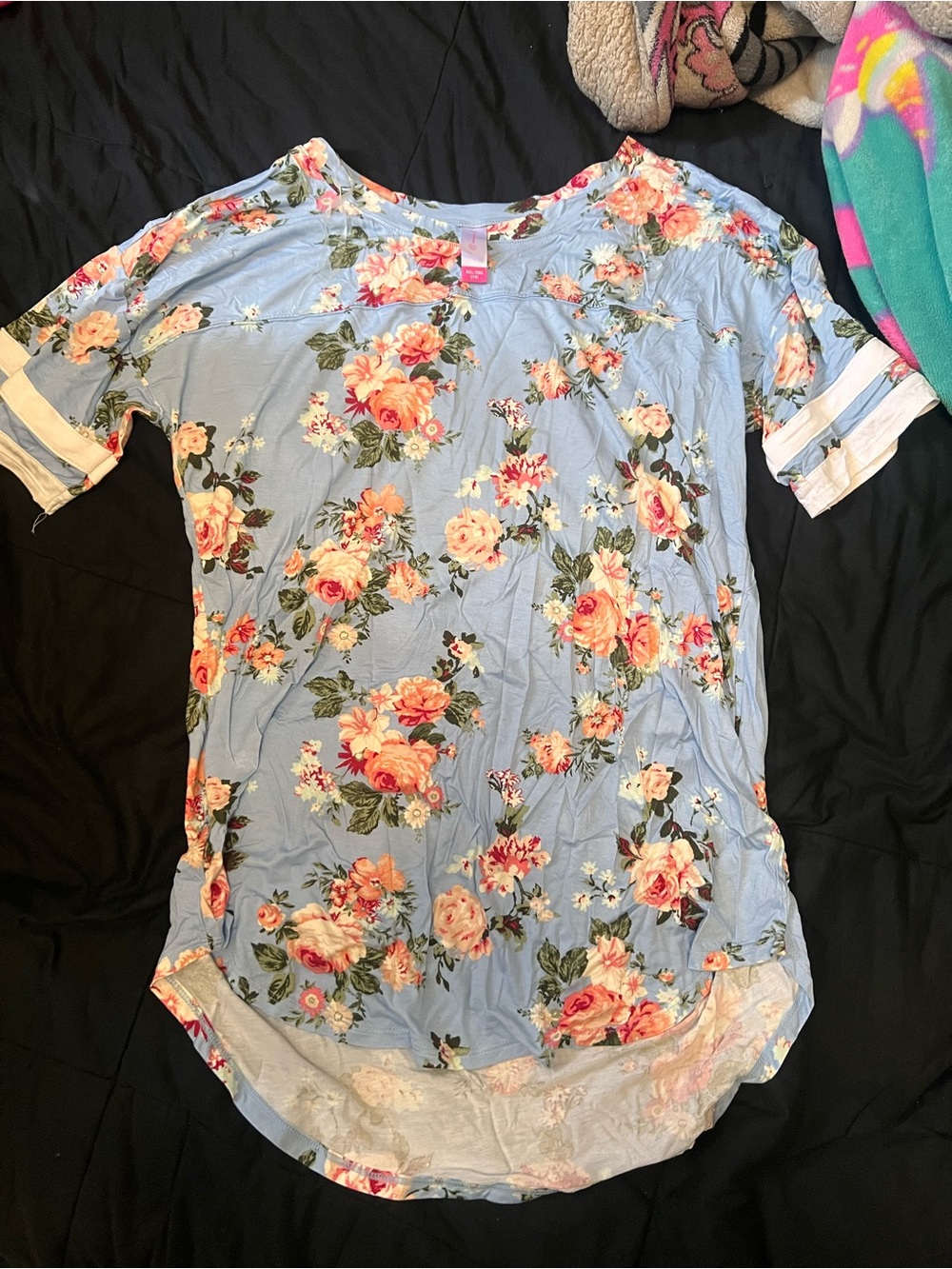 No Boundaries Light Blue Floral Tunic with Pink Rose Print
